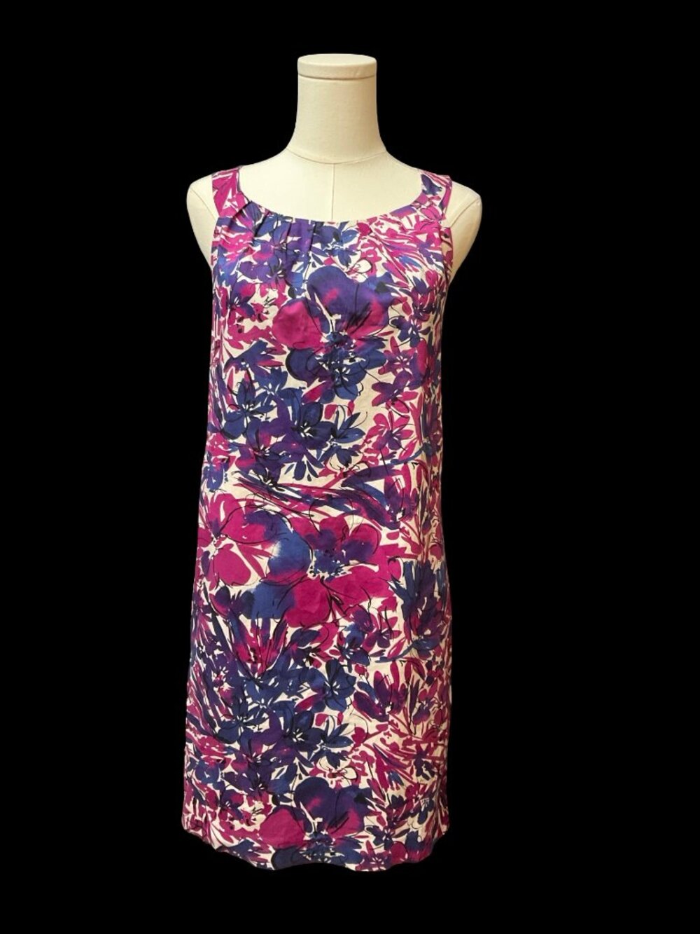 Pink/Purple Floral Print Dress w/ Pleated Neckline